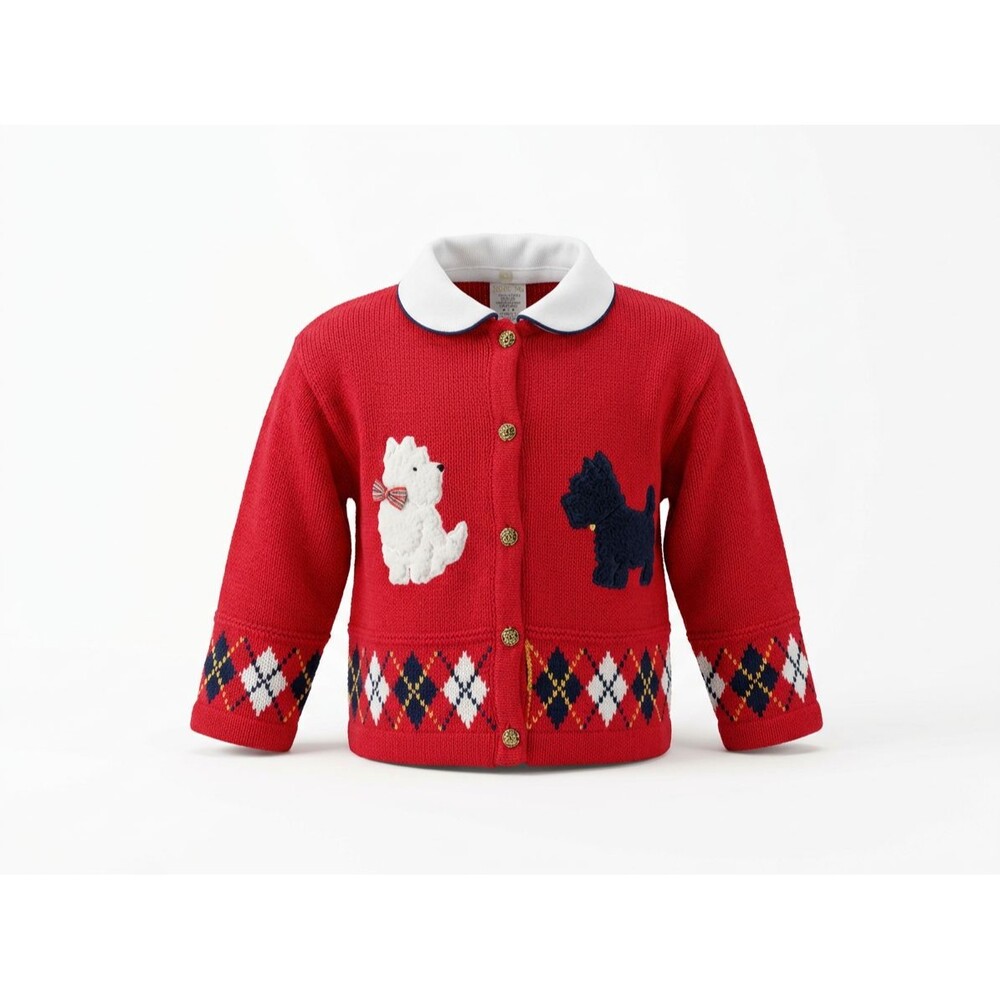 Vintage Scottie Dog Westie Cardigan Sweater Toddler 2T Red Knit Argyle Kids